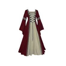 (S-Red)Women European Medieval Retro Court Princress Cosplay Costume Long Dress Elegant Witch Square