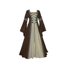 (S-Khaki)Women European Medieval Retro Court Princress Cosplay Costume Long Dress Elegant Witch Square