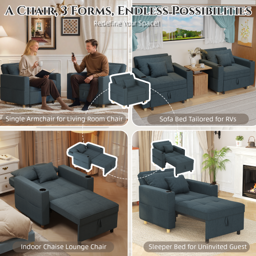 (Blue) YODOLLA Single Sofa Bed 3-in-1 Sleeper Chair Bed 2
