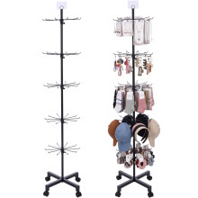5 Tier Rotating Retail Display Stand with Adjustable Hooks and Lockable Wheels for Jewelry and Accessories