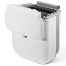 Foldable Hanging Trash Can with Lid, 2.6Gal Wall Mounted Kitchen Waste Bin for Cabinets, White Grey