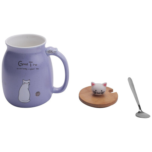 Blue Ceramic Cup with Bamboo Lid, 450ml, Includes Spoon (Ceramic or Stainless Steel), Handmade Sesame Pattern 1