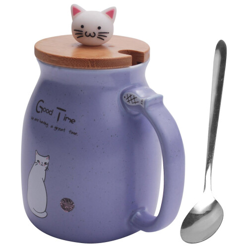 Blue Ceramic Cup with Bamboo Lid, 450ml, Includes Spoon (Ceramic or Stainless Steel), Handmade Sesame Pattern 2