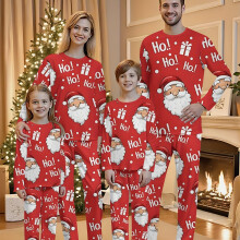 (Child, 11-12Y) Weihnachts-Familien-Pyjama-Set – Weihnachtsmann- und Rentier-Druck, langärmlige Nachtwäsche mit Rundhalsausschnitt und „Ho Ho