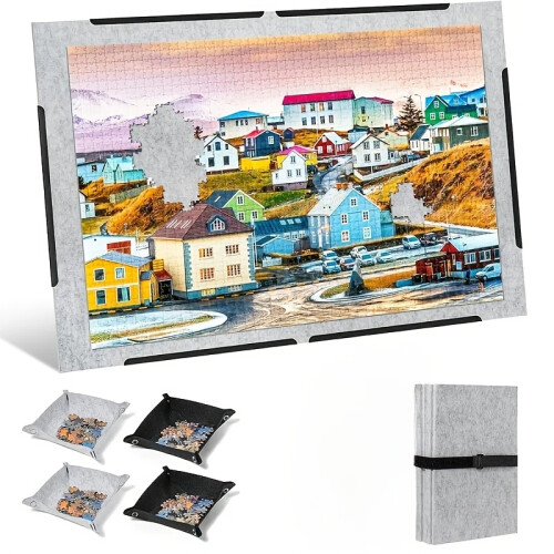 (Silvery Grey) Puzzle Board with 4 Sorting Trays, Featuring Foldable Puzzle Mat with Guide Lines, Designed for Puzzle Storage, And Comes