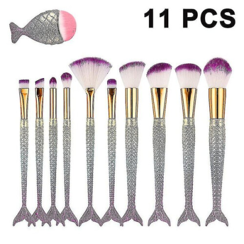 Soft Nylon Bristle Makeup Brushes, 11-Piece Set for Eye Makeup Blending, Fish Scale Design Handle 1