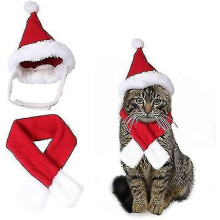 Adjustable Christmas Costume for Small Dogs and Cats, Warm Knitted Fabric Hat with Scarf, Red White Stripes, Secure Chin Strap