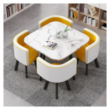 Modern Dining Table Set with Rounded Corner Safety, Easy Clean Surface, PU Chairs, Steel Legs, White and Yellow Compact Design