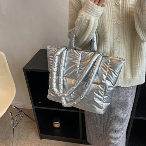 Quilted Shoulder Bag Polyester with Padded Lining, Multiple Pockets in Silver for Commute Travel 2