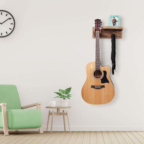 Guitar Wall Mount with Pick Storage, 3 Hooks for Straps, Solid Wood Wall Fixed Hanger for Multiple Guitars, Space Saving 1