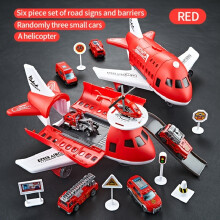 (Red)Children's Airplane Car Toy, Inertial Airplane Model, Equipped with 6 Road Signs Random 3 Cars