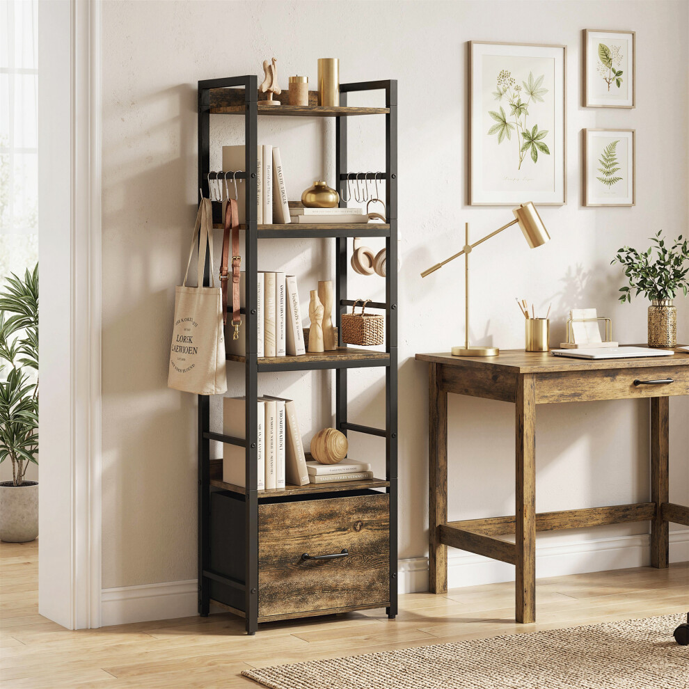 Homcom (Brown) 4-Tier Bookshelf, Shelving Unit With Drawer, 8 Hooks Brown