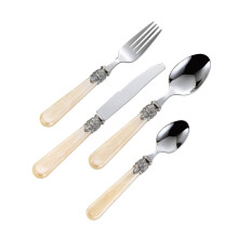 4-Piece Tableware Set in Ivory White, Mirror Polished Stainless Steel with Elegant Carved Handles, Scratch Resistant for Dinner Parties