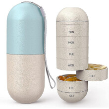 7-Day Pill Box, Child-Safe Biodegradable Material, Waterproof Cylinder Case with Hanging Rope for Daily Travel Use