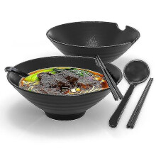 Black Melamine Ramen Bowl Set of 6, 1000ml Capacity with Spoon, Japanese Design with Anti-Slip Rim, Dishwasher Safe Dinnerware