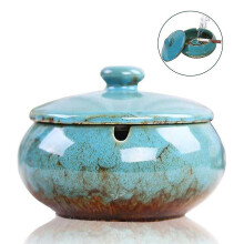 Smell-Proof Ceramic Ashtray with Cover, Hand-Glazed Black Blue Design for Indoor Outdoor, Hygienic Ash Tray and Organiser