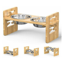 Bamboo Pet Feeding Station with Adjustable Height and Stainless Steel Bowls, Tilted Design for Healthy Digestion and Spine Support in Cats and Dogs