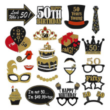 Amosfun 50th Birthday Party Props Set of 21, Classic Black Gold Paper Decor with Bamboo Sticks for Memorable Photos Scrapbooks