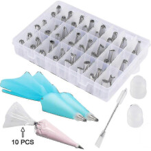 Set per decorare torte da 63 pezzi, con punte in acciaio inox lavabili in lavastoviglie e sacchetti riutilizzabili.