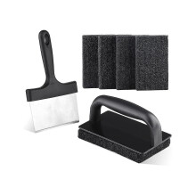 Reiniger voor roestvrijstalen pannenkoekenpannen met 15 cm lange schraper en krasvrije schuursponsjes, veilig voor handmatige reiniging van kookgerei.