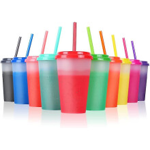 Wiederverwendbare Plastikbecher, stapelbar, 350 ml, Kindertrinkgeschirr mit spritzwassergeschütztem Deckel und Strohhalm, BPA-frei, Farbwechseldesign