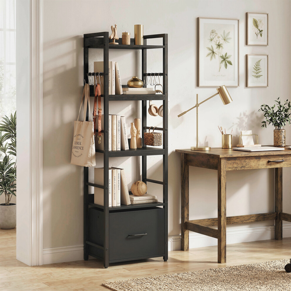 Homcom (Black) 4-Tier Bookshelf, Shelving Unit With Drawer, 8 Hooks