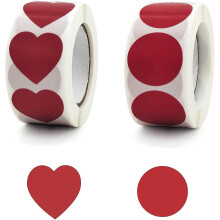 Red Self-Adhesive Stickers on Rolls - 500 Heart 500 Circle Shapes, 2.5cm for Clean Removal, Gift Tag Envelope Decoration