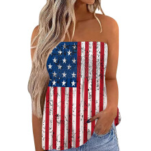 (M, Multi-Color) Women's 4th of July Tube Tops Flag Star Stripe Print Strapless Boat Neck Tank Tops Blackless Pleated Shirt