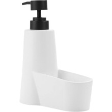 Dispensador de jabón y soporte para esponjas 2 en 1, fabricado en resina blanca con soporte de acero inoxidable para fregadero de cocina y baño.