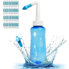 Enjuague nasal con botella, 2 boquillas, 40 sobres de sal, 300 mililitros. Lavado nasal para el alivio de la sinusitis. Cuidado nasal.