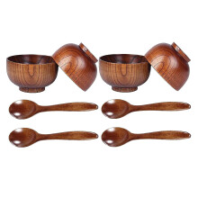 Wooden Spoon and Bowl Set, 4-Piece, Heat-Insulating Anti-Scald, Handmade Tableware, Natural Wood Colour