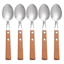 Dessertlöffel-Set, 5-teilig, mit Griffen aus Naturholz, aus robustem Edelstahl 304, für Eiscreme, Kaffee und Kuchen