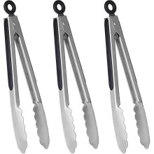 Pinzas de acero inoxidable de 9 pulgadas, juego de 3 piezas con anillo de bloqueo y orificio para colgar para barbacoa.