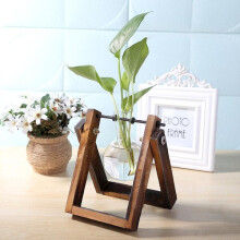 Clear Glass Vase in Wooden Frame with Iron Art Decor, Tabletop Decorative Vase for Flowers and Plants