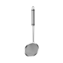 Oliefilterlepel van roestvrij staal met fijnmazig gaas en een verlengde, hittebestendige handgreep voor frituren en zeven in de keuken.