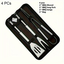 Juego de 4 utensilios para barbacoa en bolsa de almacenamiento, incluye brochetas, tenedor, cuchillo, espátula, pinzas y cepillo para asar.