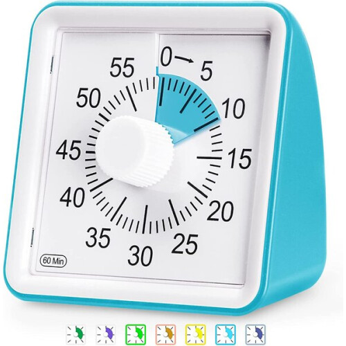 Visual Timer 60-Minute with Blue Dial, Silent Operation for Kids, Kid-Friendly Study Timer for Classroom Home Learning, No Ticking Distraction