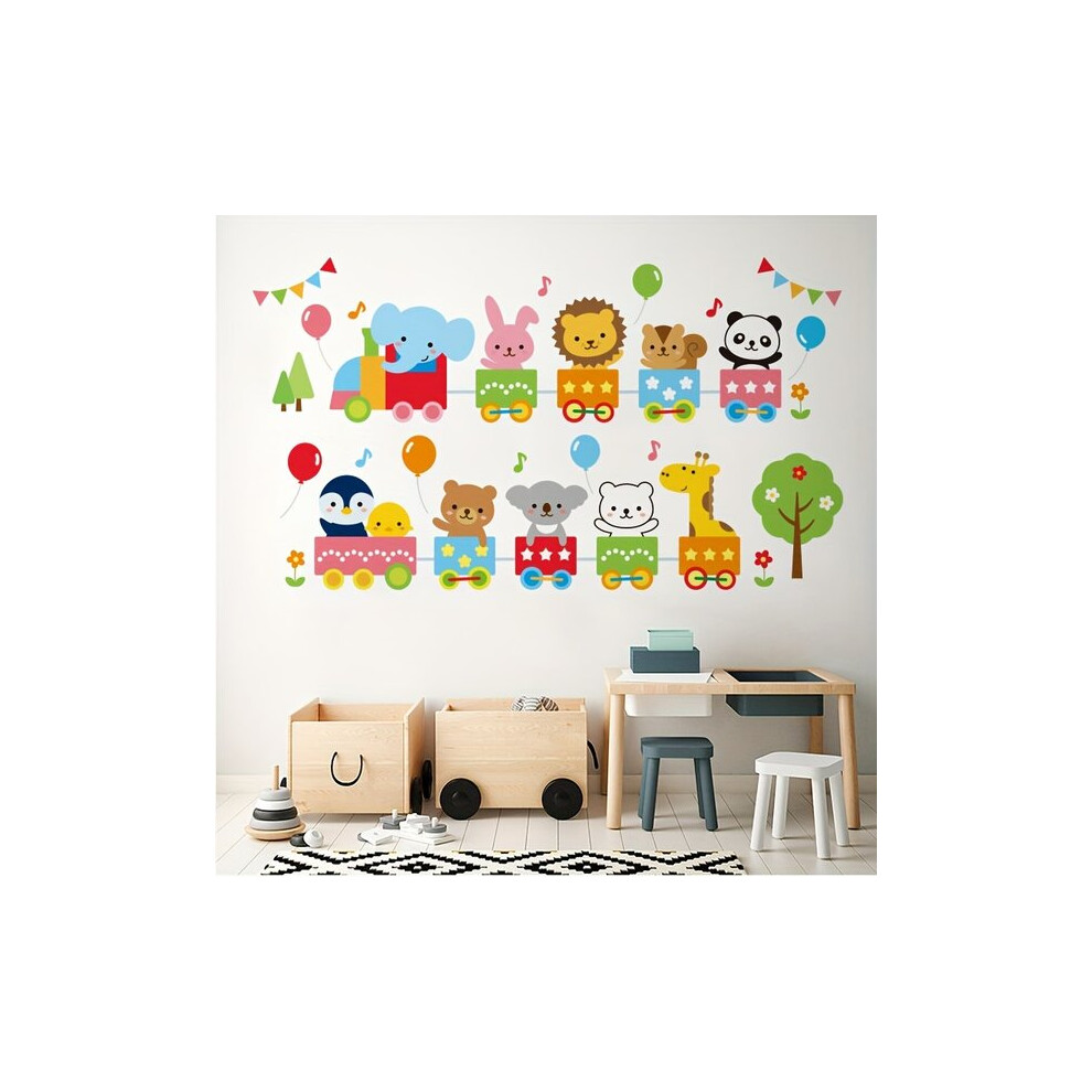 Cartoon Train Wall Decals, 2-Piece Set, Removable Animal Wall Stickers, Creative Nursery Decor, Bedroom Playroom