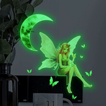 Removable Wall Decal, Fairy Wings and Crescent Moon Glowing Sticker for Simple Installation, Bedroom and Living Room Wall Art