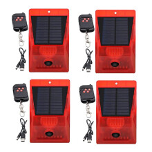 Beveiligingslamp op zonne-energie met afstandsbediening, 129 dB hoorbaar en visueel alarm, IP65 voor buitenmuren en hekken.