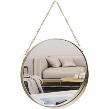 Round Wall Mirror with Sturdy Metal Frame and Open Chain, Antique Gold Finish Ready to Hang for Bathroom Bedroom Decor