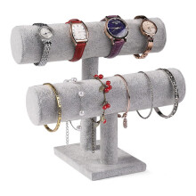 Double Layer Bracelet Stand with 22cm and 26cm Wide Rolls, Velvet and PU Jewellery Storage Holder for Tidy Display on Dressing Table, Light Grey
