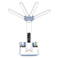LED Desk Lamp with Temperature Humidity Display, Pen Holder Phone Stand, 4 Flexible Heads with Stepless Dimming Eye Care Light