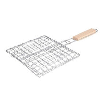 Grillmand van roestvrij staal met antislip houten handvat voor het bereiden van biefstuk, vis en groenten op de barbecue (38 cm).