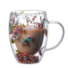 Insulated Glass Coffee Cup with Preserved Flowers, 350ml Double Wall Design for Tea and Espresso, Heat Resistant Condensation Free