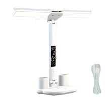 Adjustable Dual Head LED Desk Lamp with Touch Control Integrated Calendar Clock for Bedside Reading