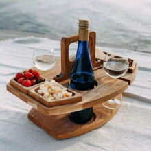 Portable Wooden Wine Holder with Stake Anchor for Grass and Sand, Holds 3 Wine Glasses 2 Beer Bottles 1 Wine Bottle for Outdoor Entertaining