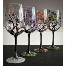 Hand-painted Four Seasons Tree Wine Glasses, 4-Piece Set for Red or White Wine, Unique Handmade Gift for Wedding Anniversary