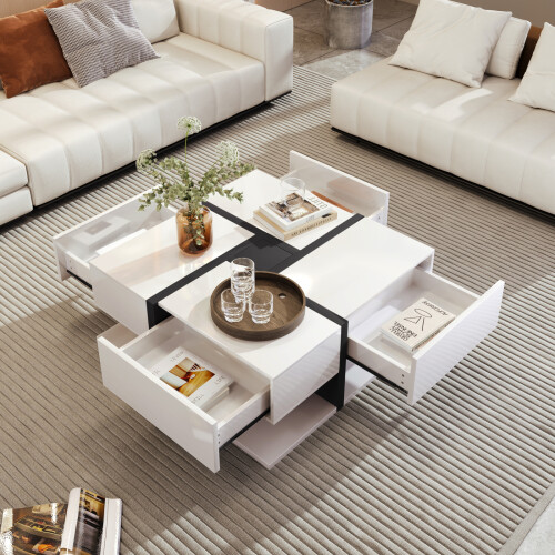 （78x78x36cm, White）Coffee table, 4 drawers, storage space at the bottom 1