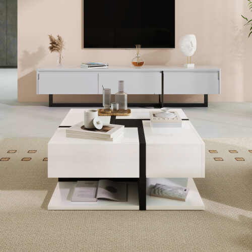 （78x78x36cm, White）Coffee table, 4 drawers, storage space at the bottom 2